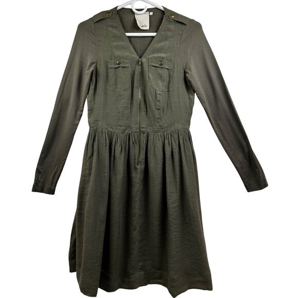 Olive Green Women's Y2K Trendy Mini Long Sleeve V-Neck Dress W/Front Pockets - Picture 1 of 13